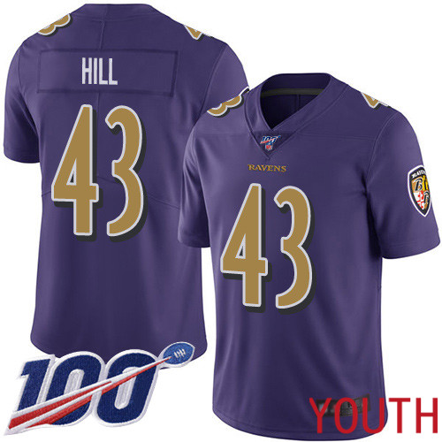 Baltimore Ravens Limited Purple Youth Justice Hill Jersey NFL Football #43 100th Season Rush Vapor Untouchable